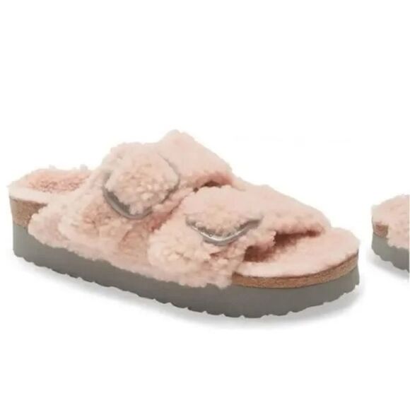 Birkenstock Papillio Arizona Teddy Shearling Slide Sandal Pink EU 37 US 6-6.5 - Picture 1 of 7